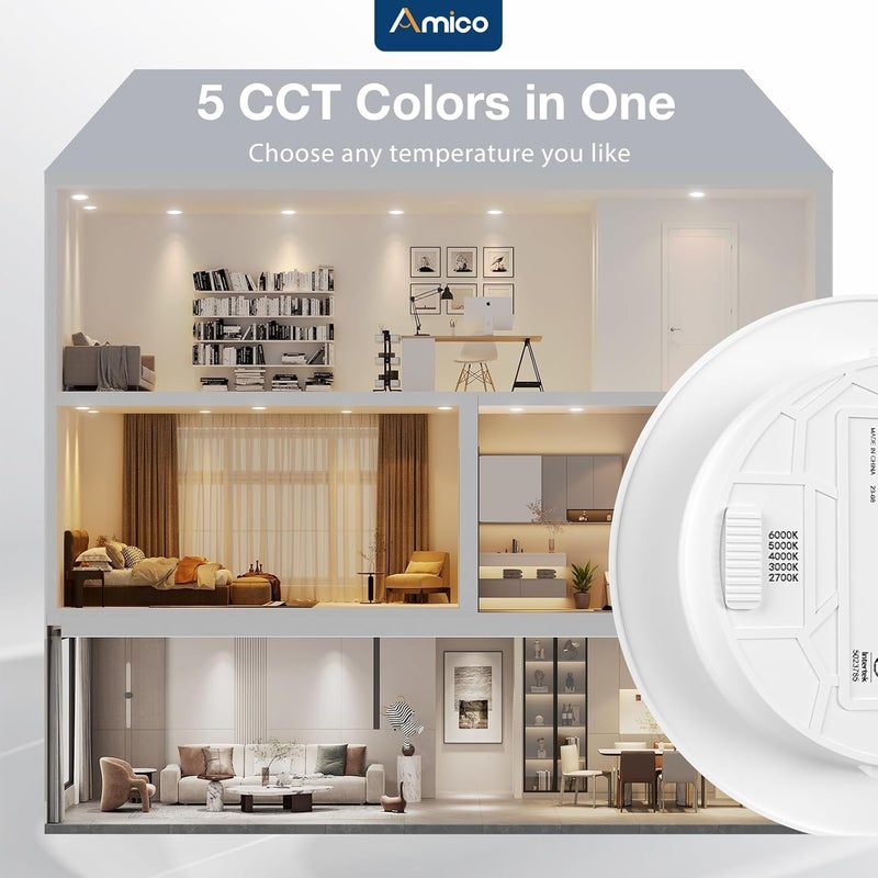 Amico Recessed Lighting 5/6 Inch, 12 Pack 5CCT Flat LED Can Lights, 2700K/3000K/4000K/5000K/6000K Selectable,12W Eqv 110W, 1050LM Brightness, Retrofit Installation - ETL & FCC, White - Image 4